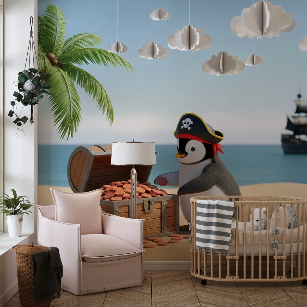 Papel de parede crianç | Pirata pinguim em uma praia ensolarada
