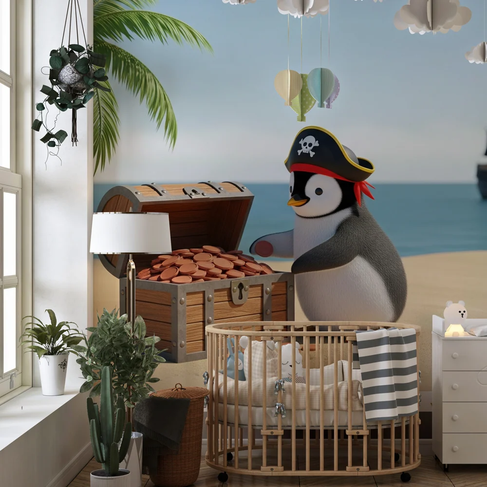 Papel de parede crianç | Pirata pinguim em uma praia ensolarada