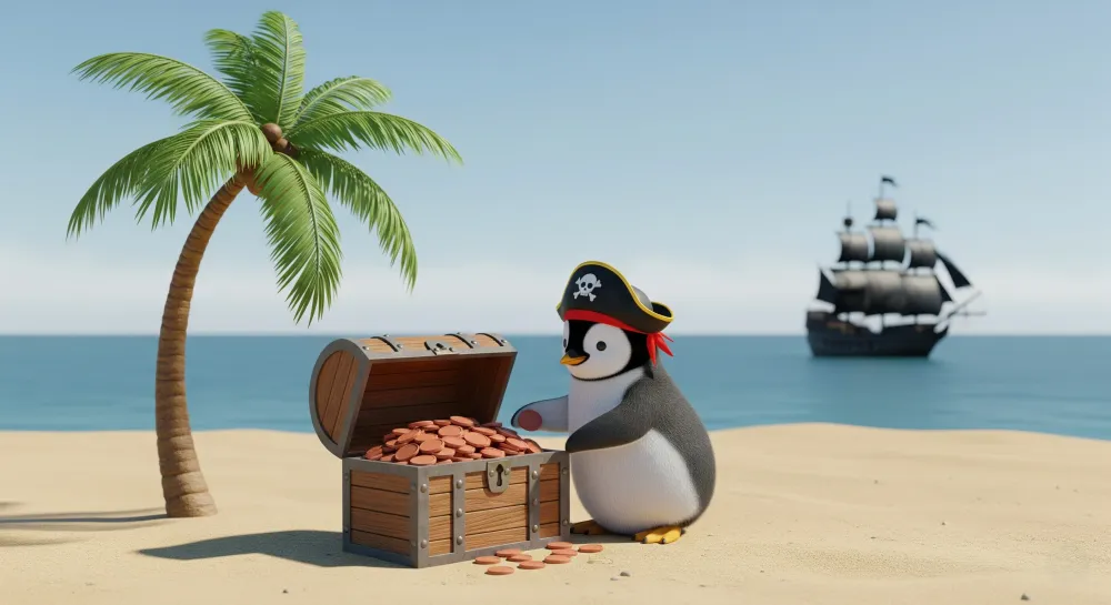 Papel de parede crianç | Pirata pinguim em uma praia ensolarada