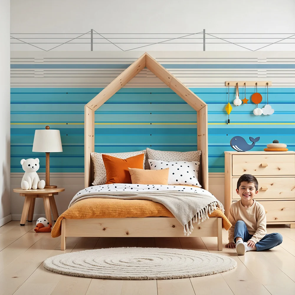 Papel de parede crianç | Piscina estilizada com linhas de natação coloridas