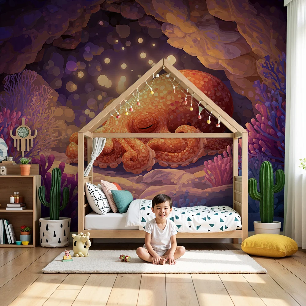 Papel de parede crianç | Polvo adormecido no fundo do oceano com corais coloridos