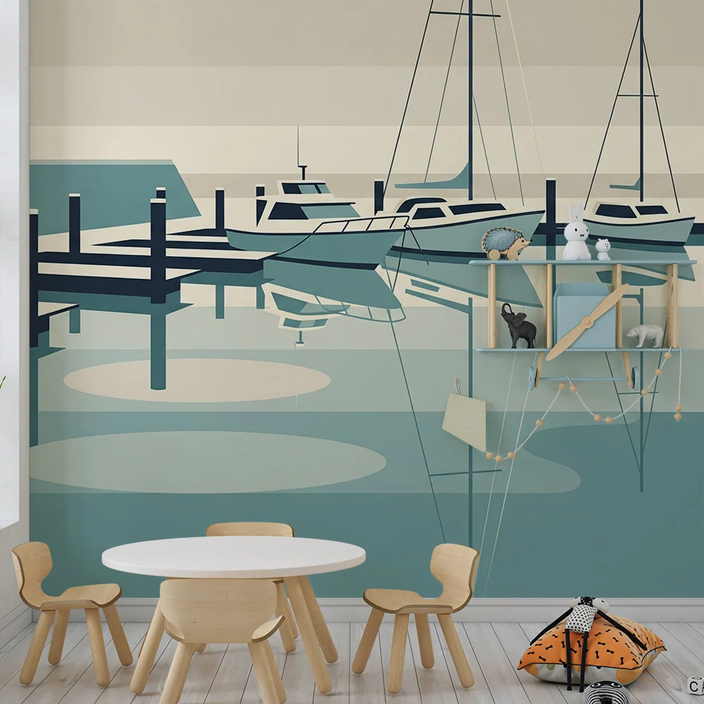 Papel de parede crianç | Porto tranquilo com barcos e reflexos aquáticos