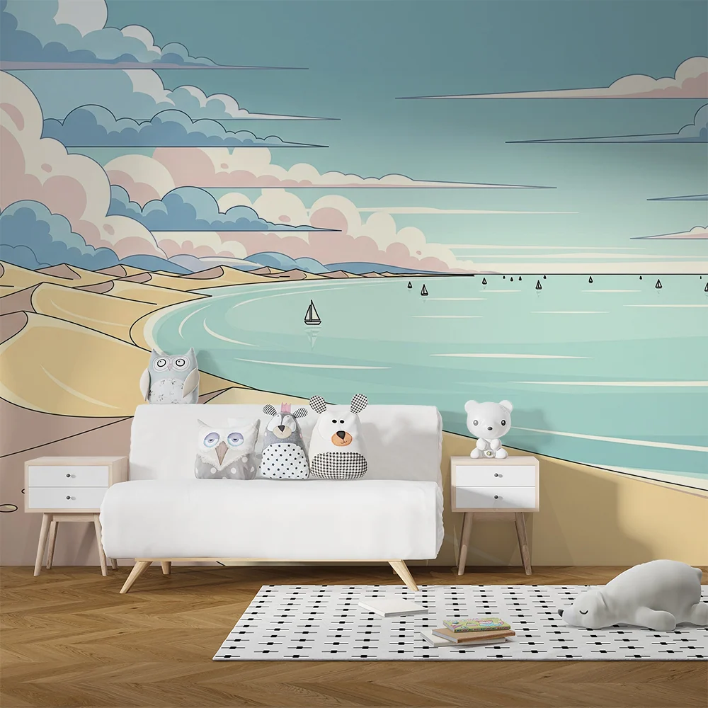 Papel de parede crianç | Praia ensolarada com veleiros e dunas de areia