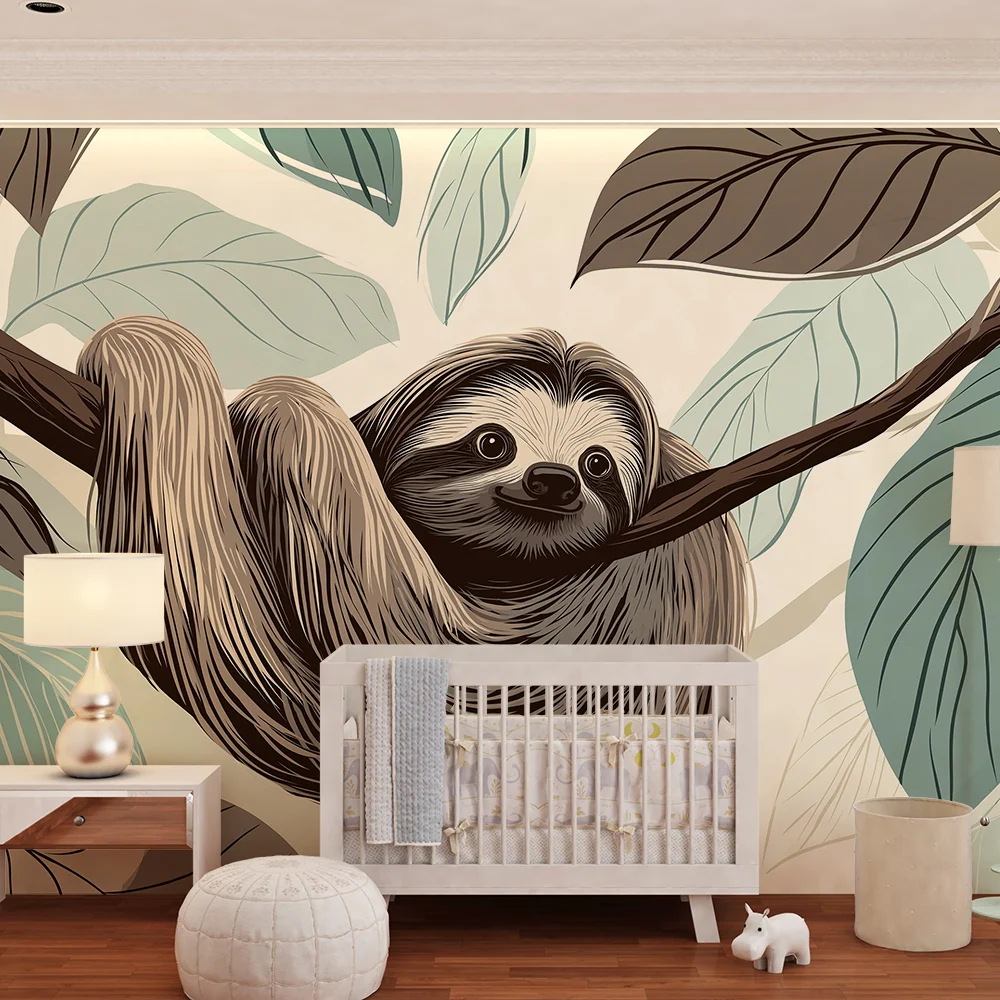 Papel de parede crianç | Preguiç fofa pendurada numa selva tropical