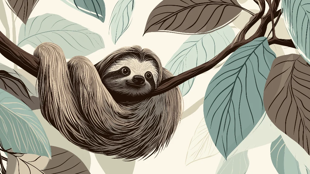 Papel de parede crianç | Preguiç fofa pendurada numa selva tropical