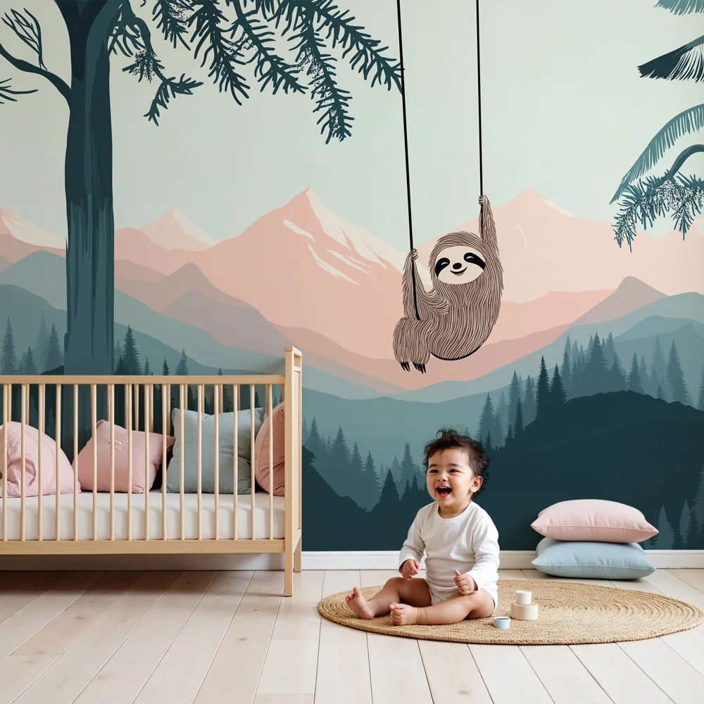 Papel de parede crianç | Preguiças felizes na floresta