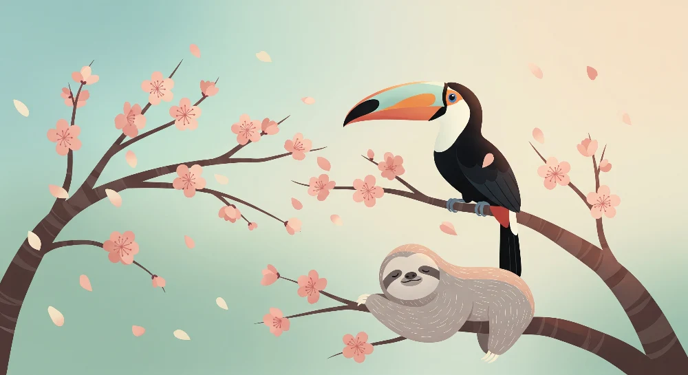 Papel de parede crianç | Preguiçosos e tucano sob as flores de cerejeira