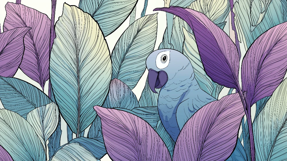 Papel de parede crianç | Pássaro colorido entre folhas tropicais