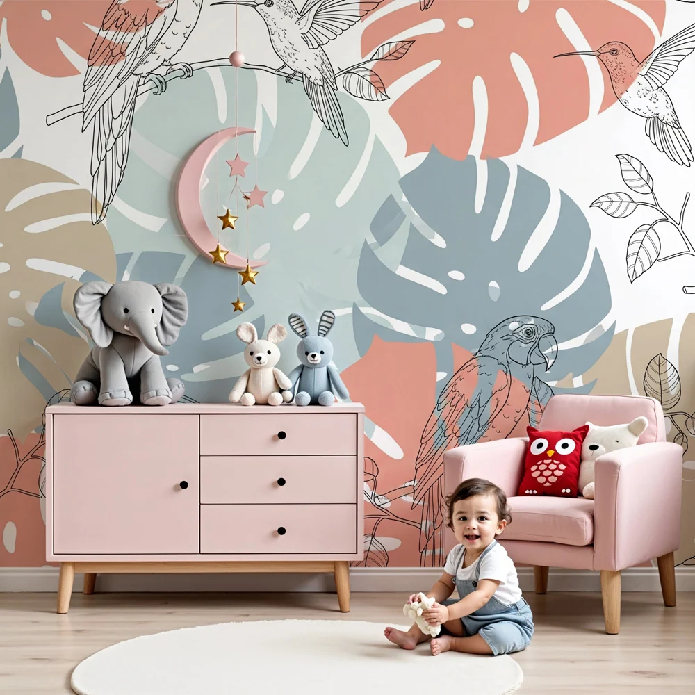 Papel de parede crianç | Pássaros em arte linear e folhagem tropical