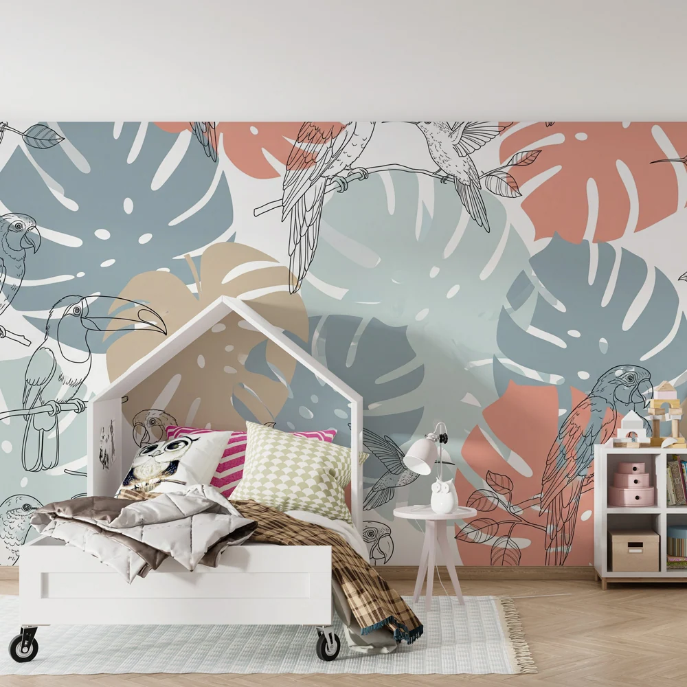 Papel de parede crianç | Pássaros em arte linear e folhagem tropical