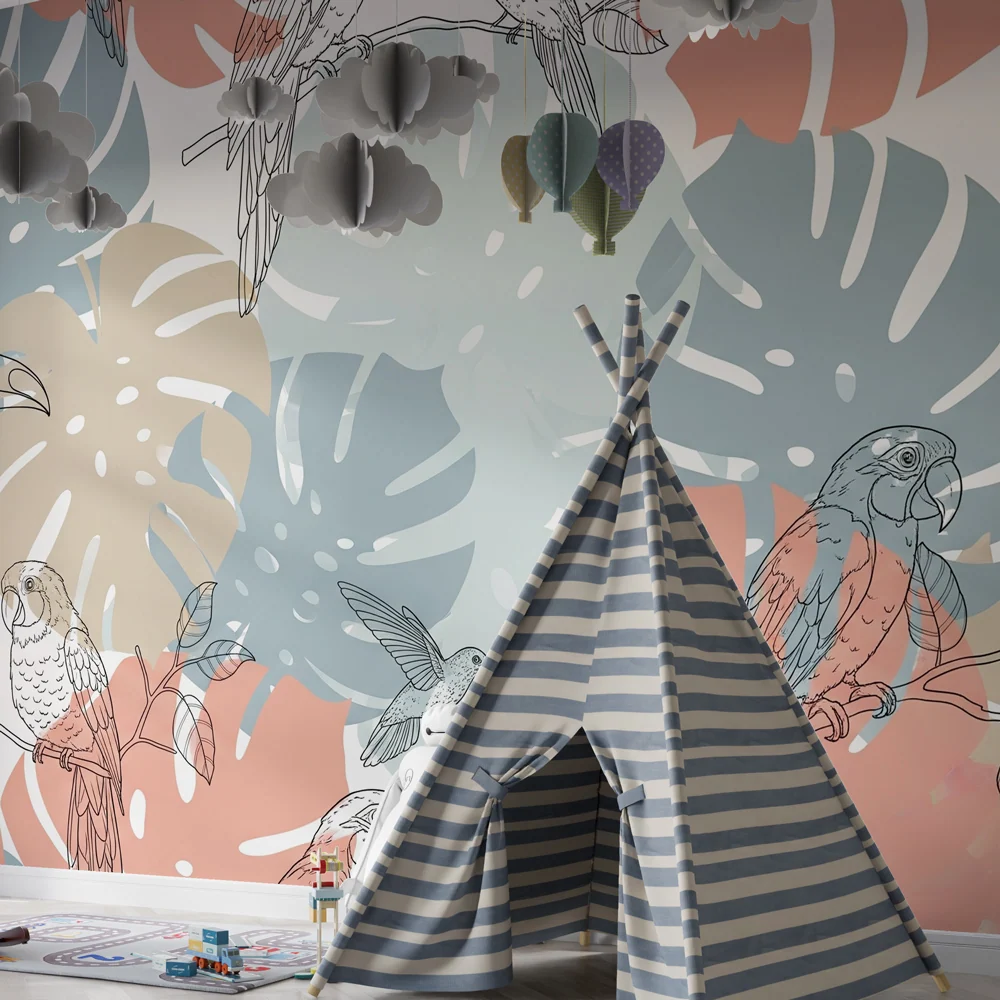 Papel de parede crianç | Pássaros em arte linear e folhagem tropical