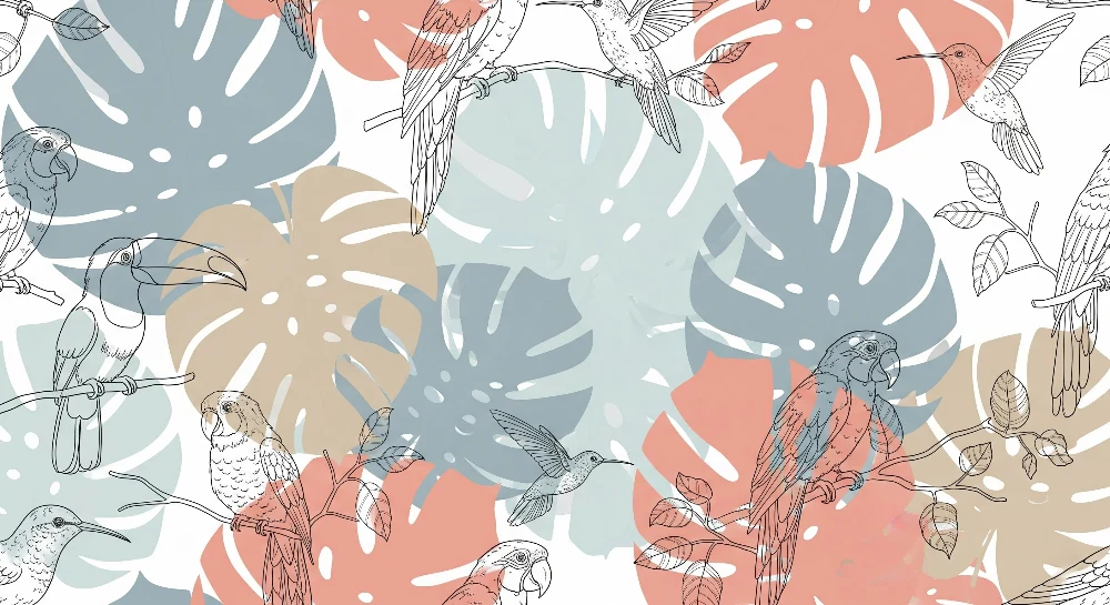 Papel de parede crianç | Pássaros em arte linear e folhagem tropical