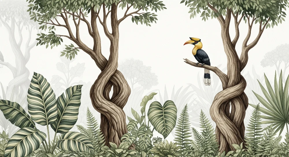 Papel de parede crianç | Pássaros coloridos e folhagem exuberante em uma selva tranquila