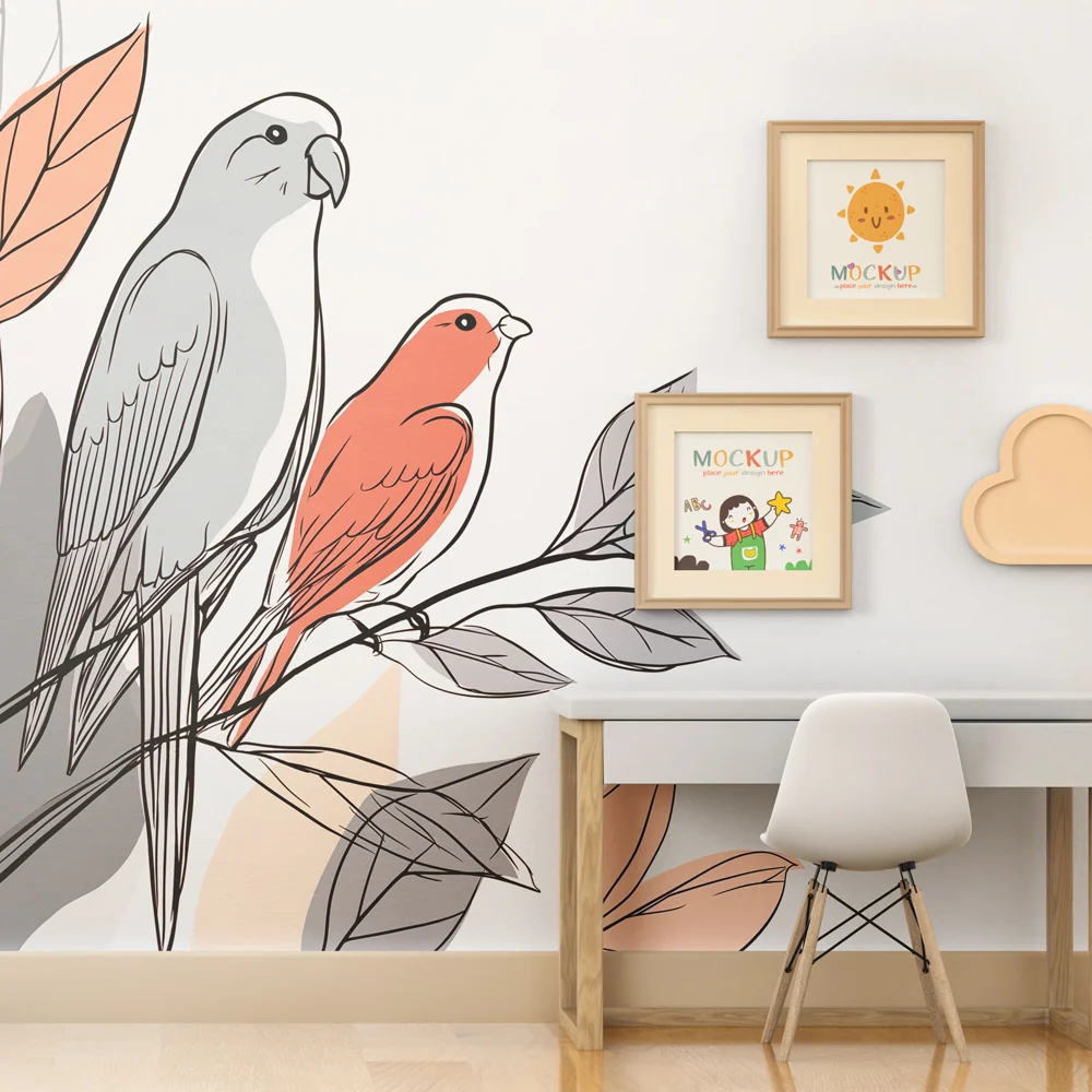 Papel de parede crianç | Pássaros coloridos e folhagem delicada