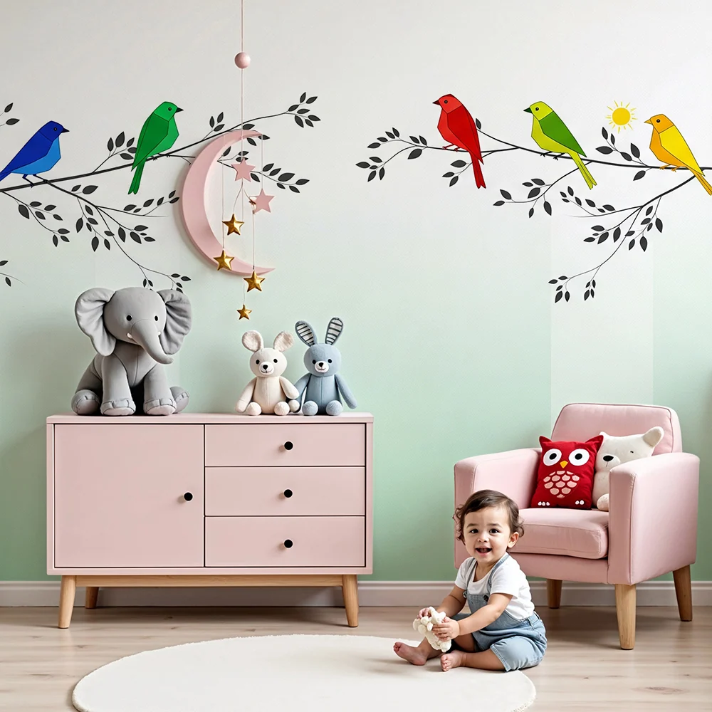 Papel de parede crianç | Pássaros coloridos em galhos com um degradê suave