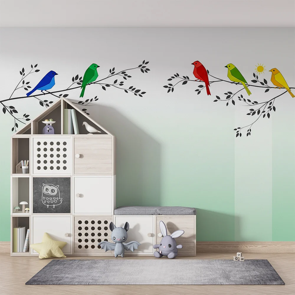 Papel de parede crianç | Pássaros coloridos em galhos com um degradê suave