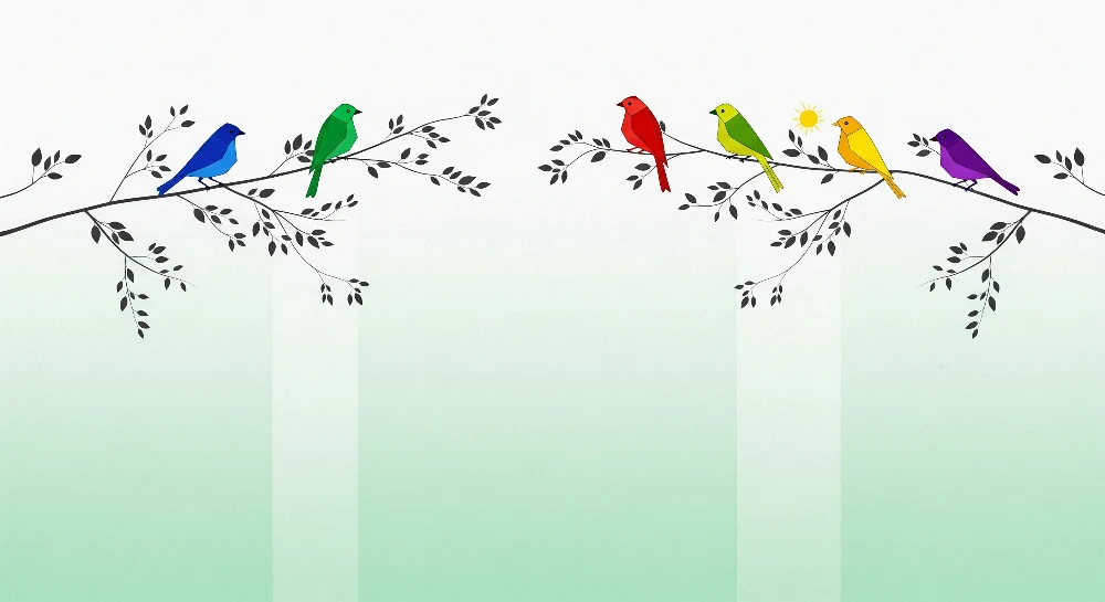 Papel de parede crianç | Pássaros coloridos em galhos com um degradê suave