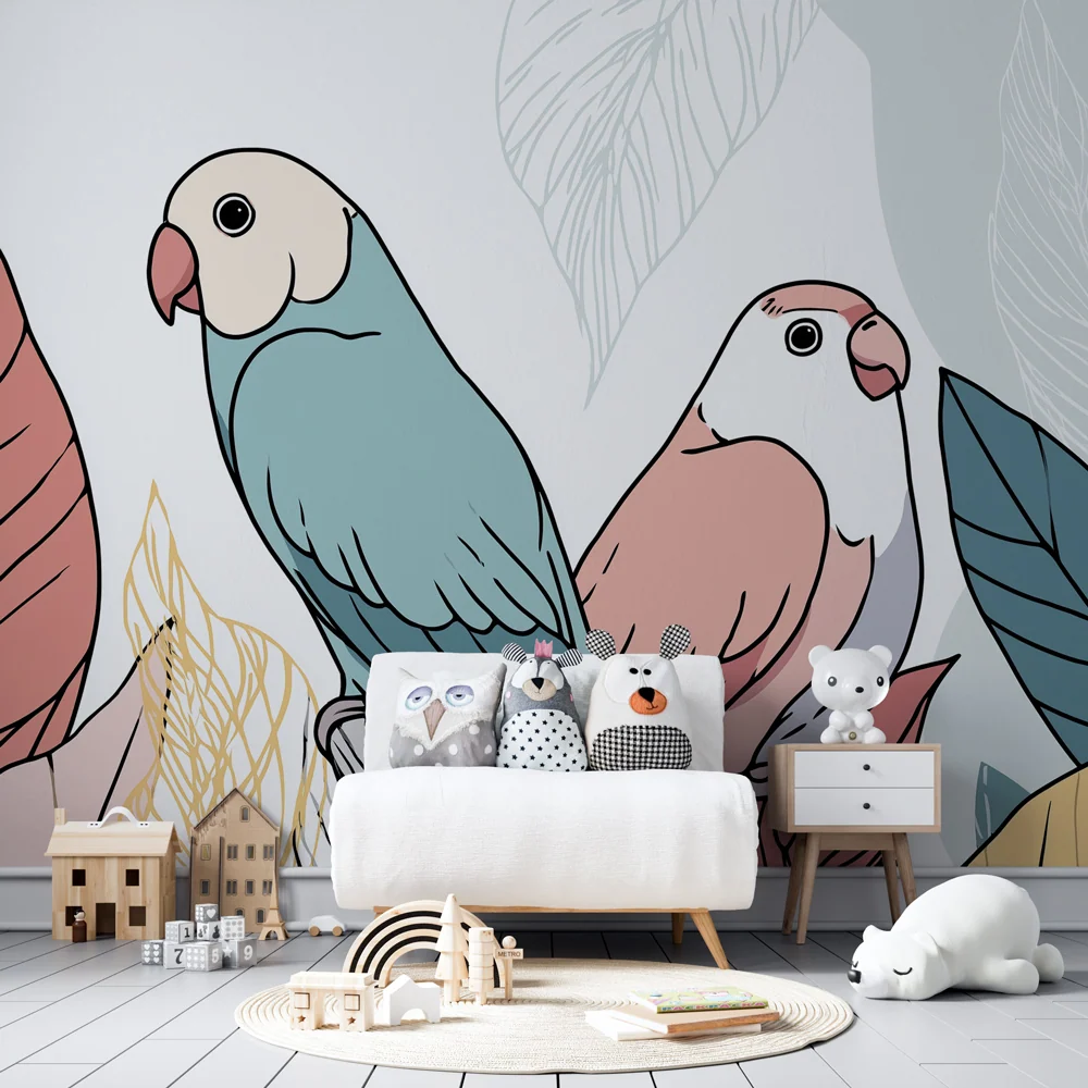 Papel de parede crianç | Pássaros coloridos no meio das folhas