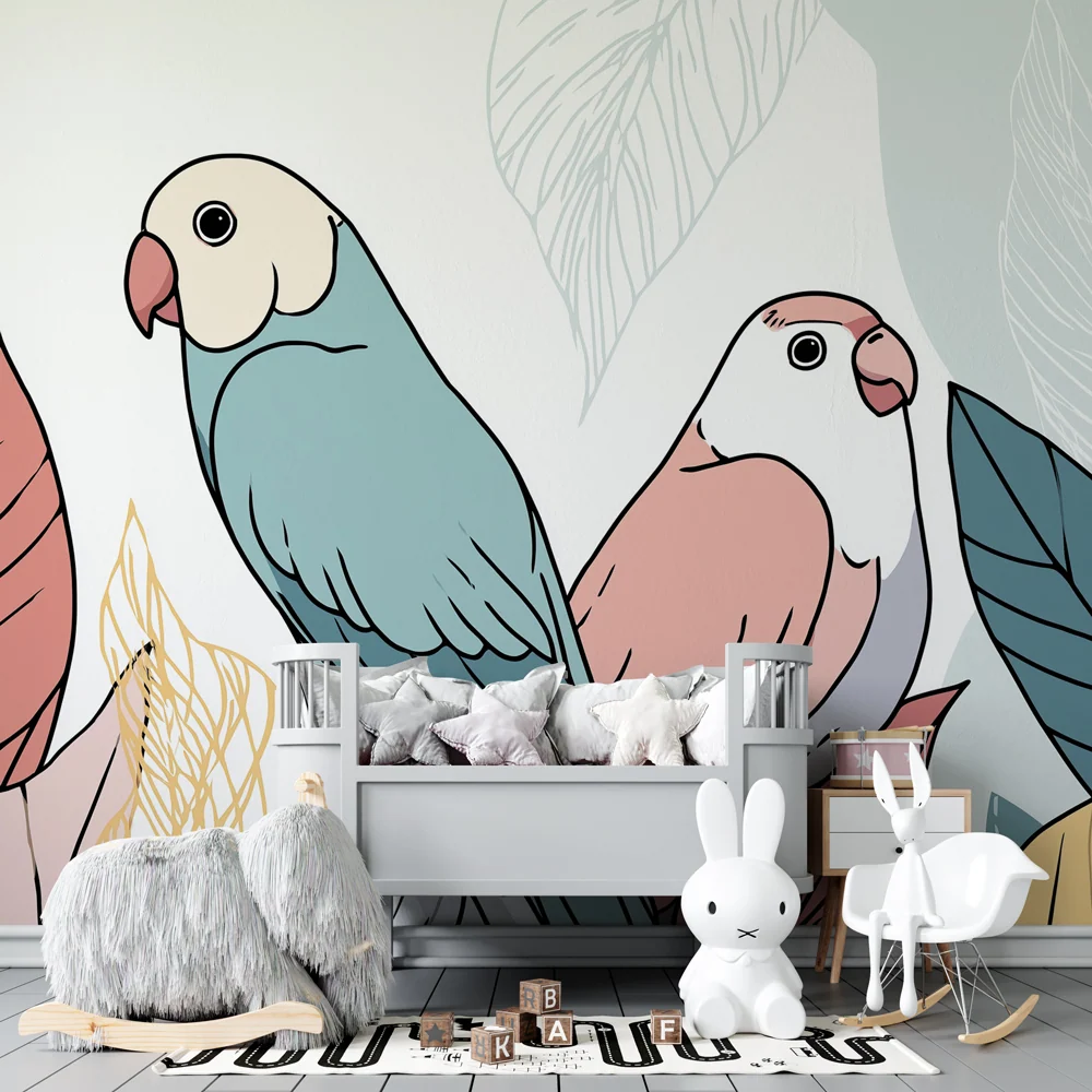 Papel de parede crianç | Pássaros coloridos no meio das folhas