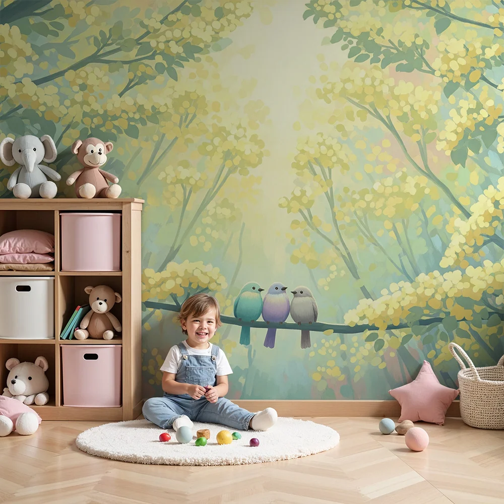 Papel de parede crianç | Pássaros coloridos pousados entre flores douradas