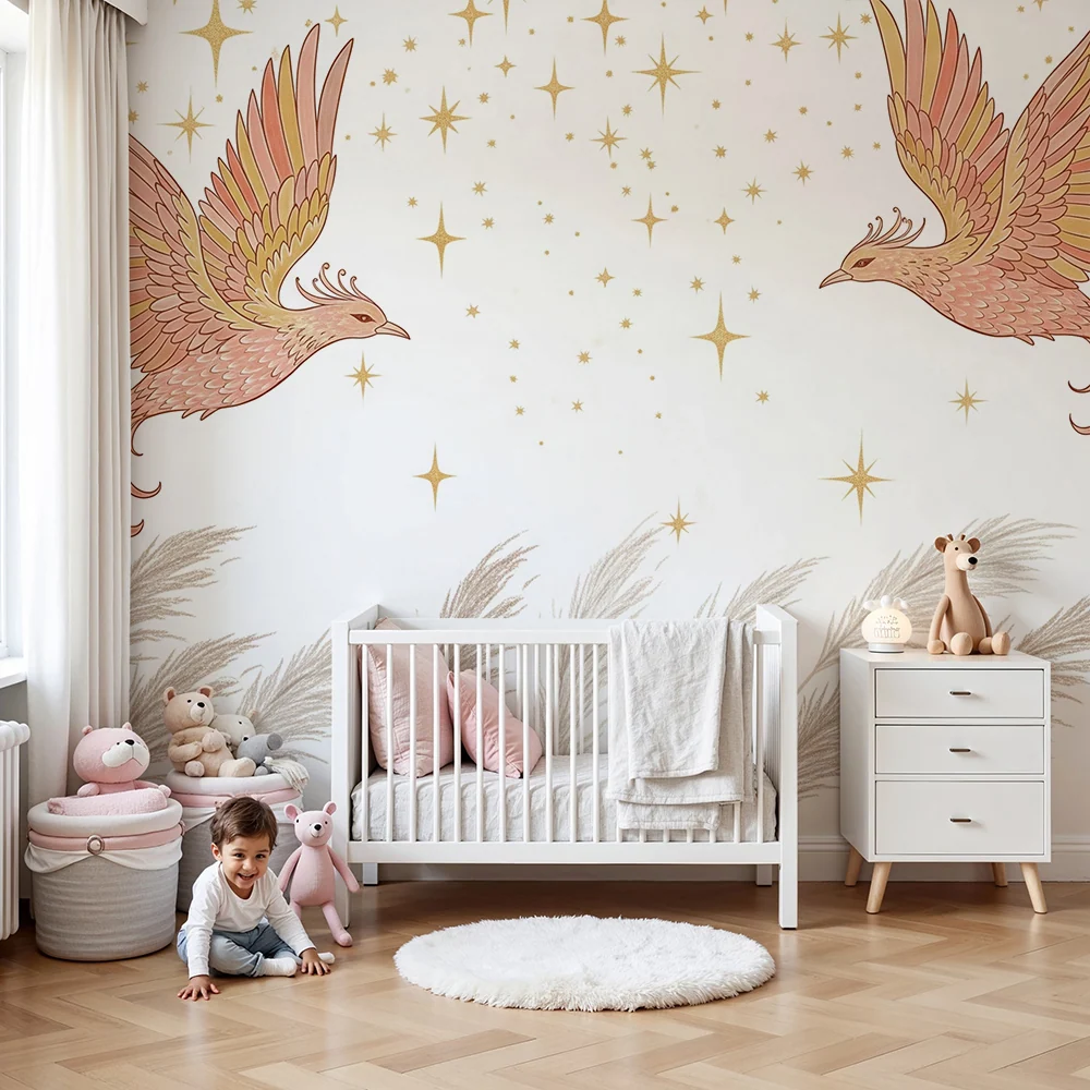 Papel de parede crianç | Pássaros majestosos e estrelas brilhantes