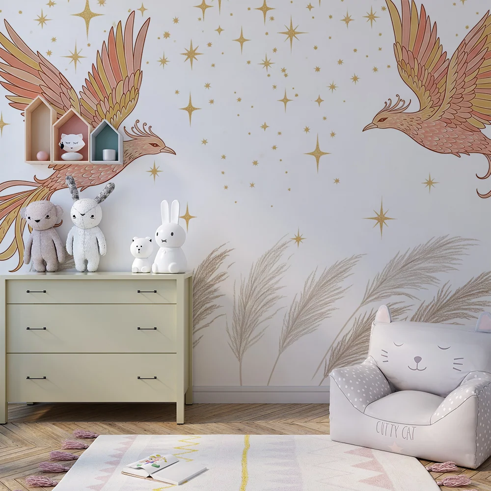 Papel de parede crianç | Pássaros majestosos e estrelas brilhantes