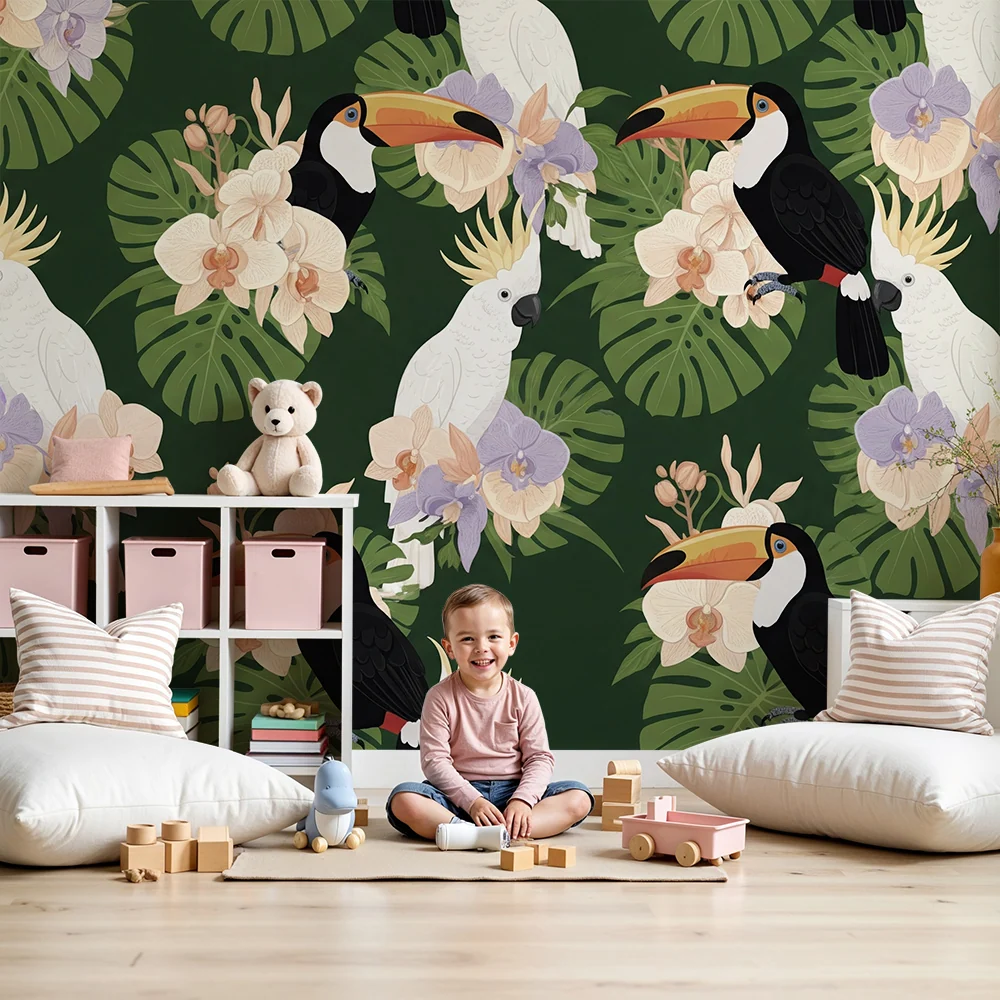 Papel de parede crianç | Pássaros tropicais e flores exóticas em fundo verde