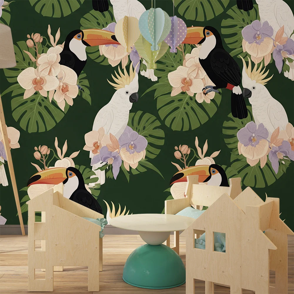 Papel de parede crianç | Pássaros tropicais e flores exóticas em fundo verde