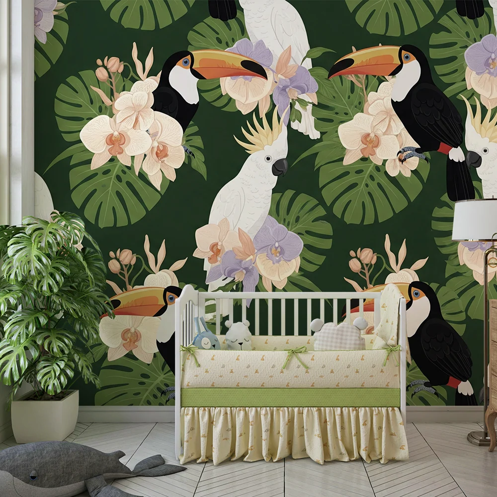 Papel de parede crianç | Pássaros tropicais e flores exóticas em fundo verde