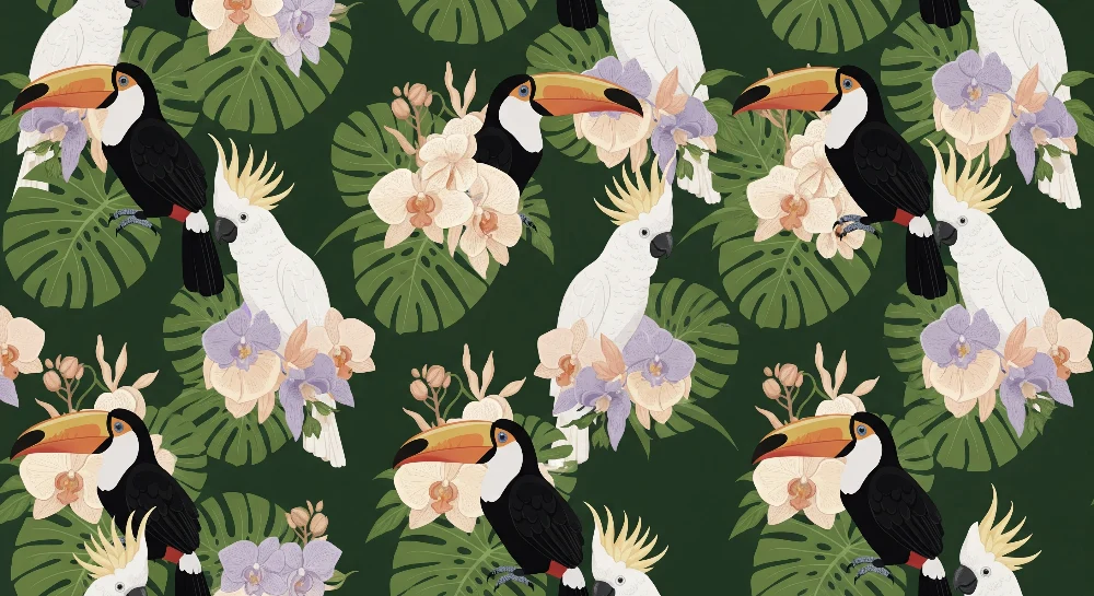 Papel de parede crianç | Pássaros tropicais e flores exóticas em fundo verde