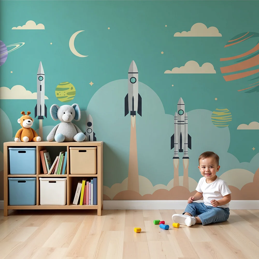 Papel de parede crianç | Quatro foguetes descolar num céu estrelado