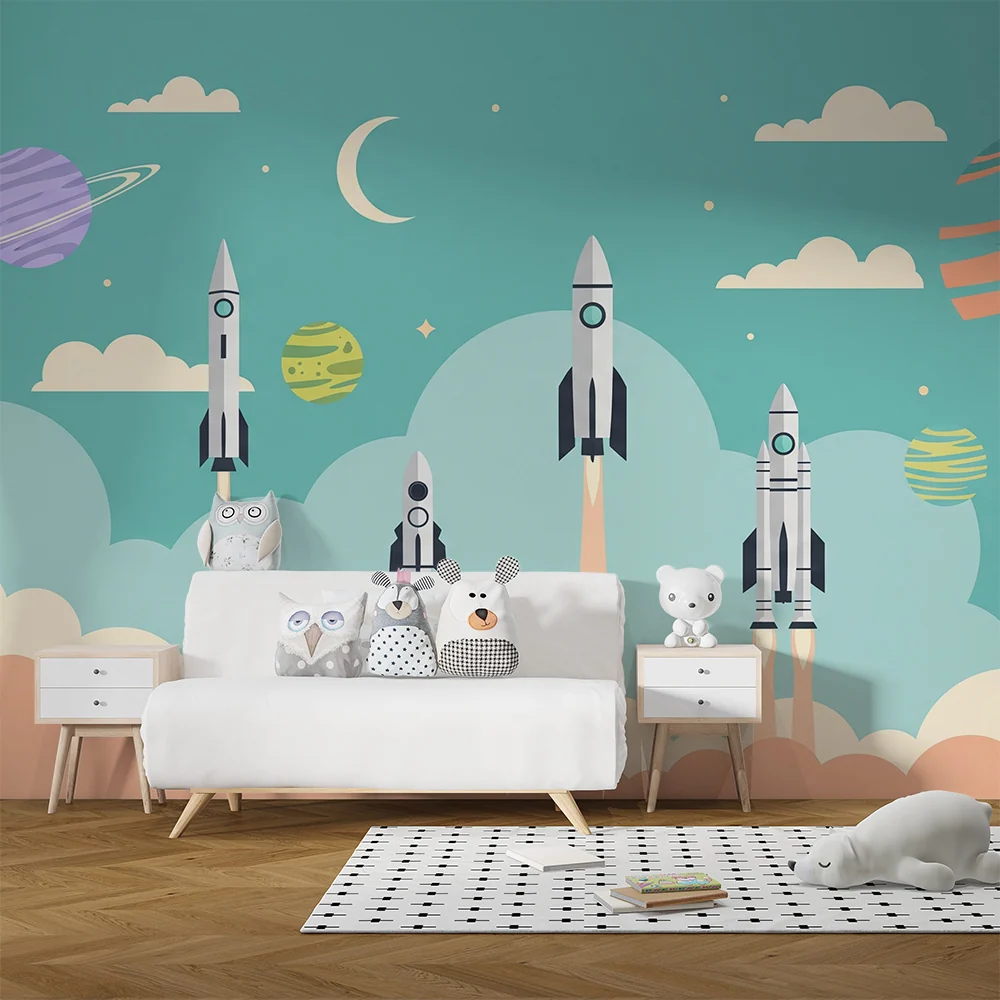Papel de parede crianç | Quatro foguetes descolar num céu estrelado