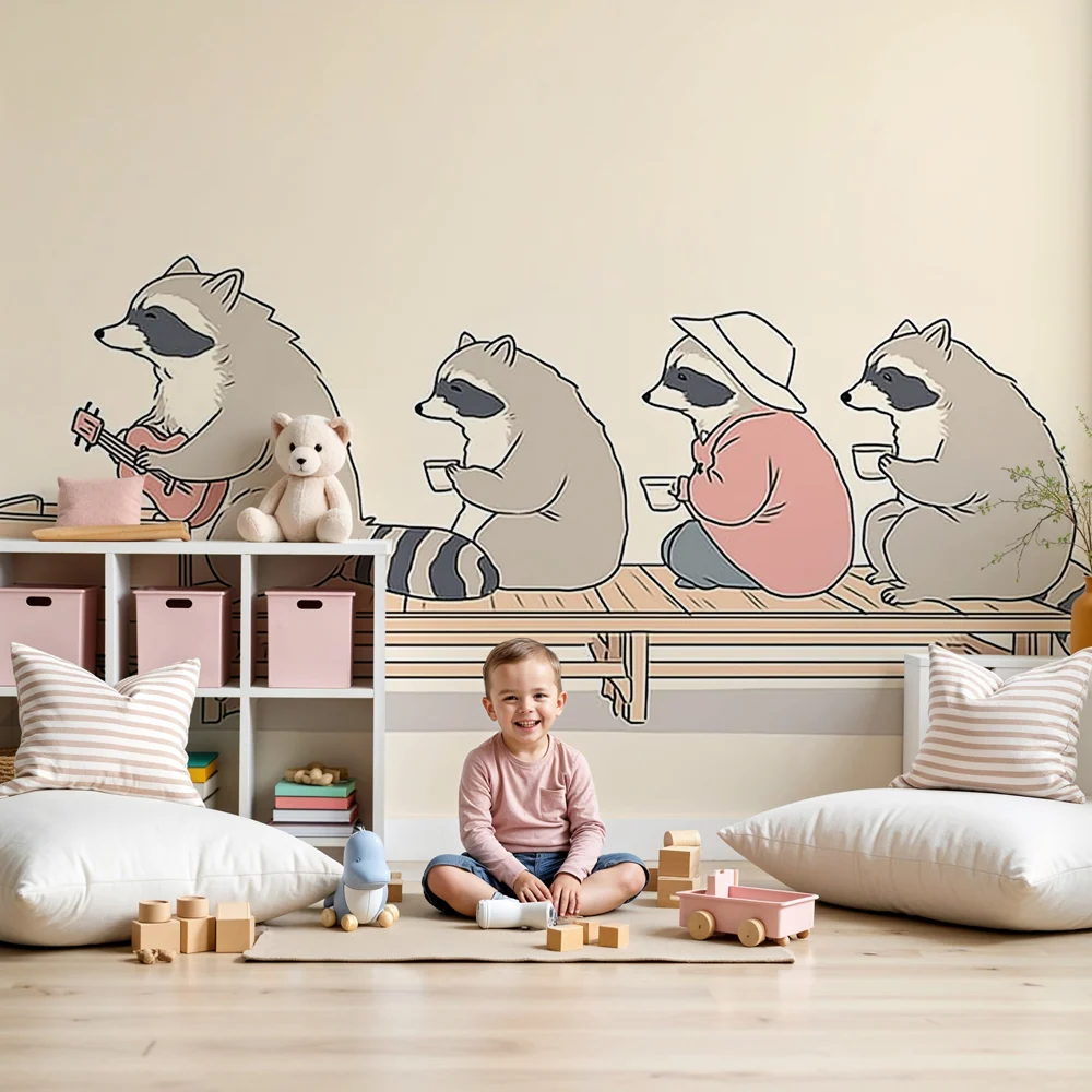 Papel de parede crianç | Racoons músicos em harmonia