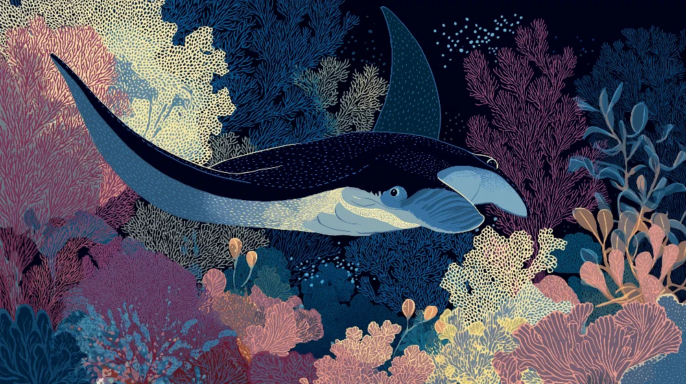 Papel de parede crianç | Raia manta evoluir entre corais coloridos