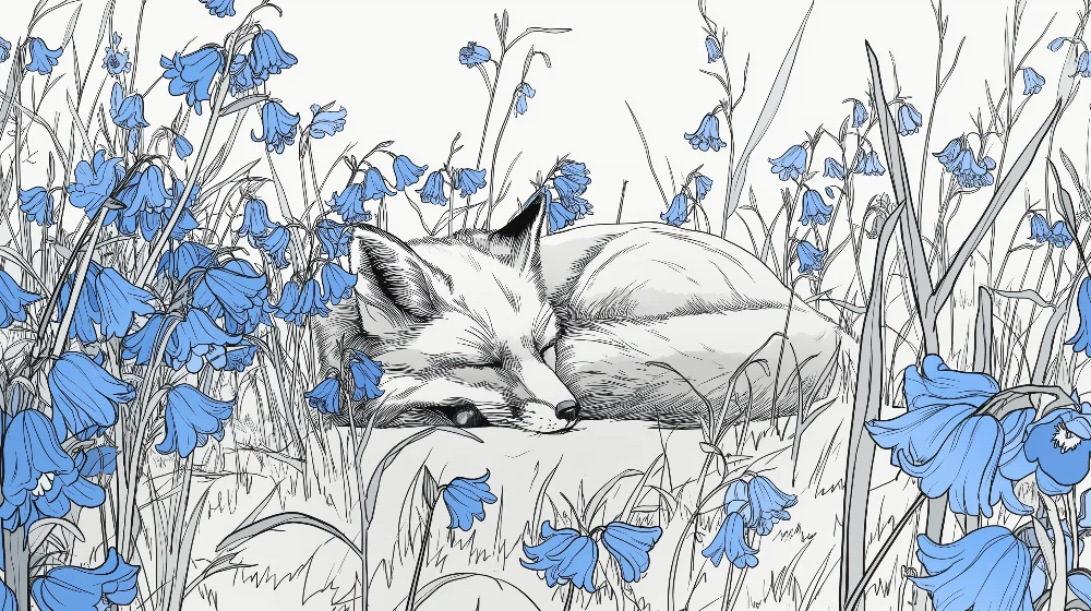 Papel de parede crianç | Raposa adormecida entre flores azuis