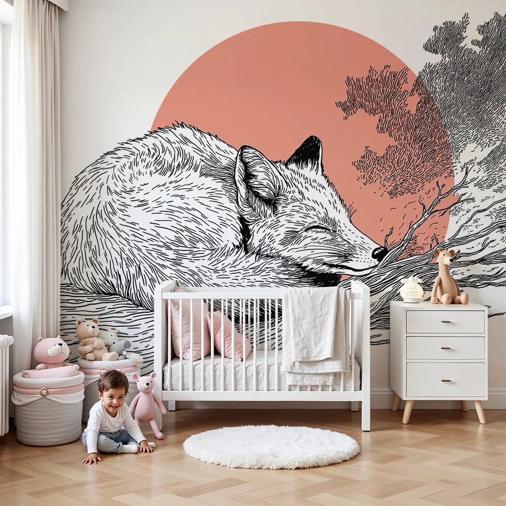 Papel de parede crianç | Raposa adormecida num ramo com um fundo de sol nascente