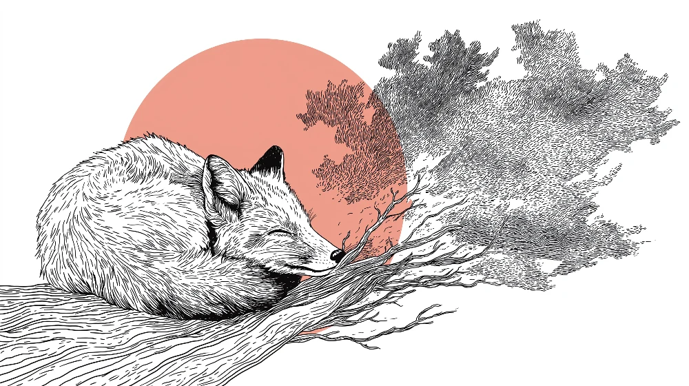Papel de parede crianç | Raposa adormecida num ramo com um fundo de sol nascente