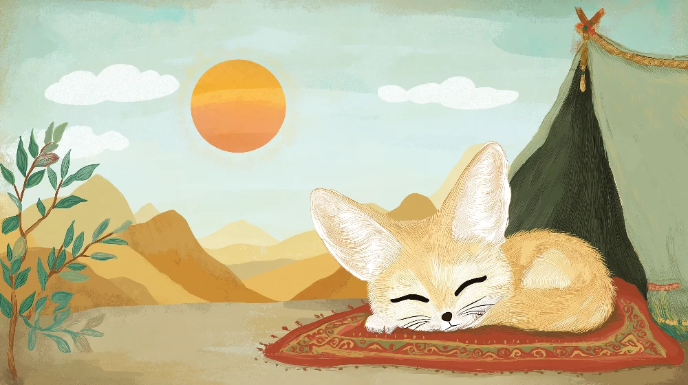 Papel de parede crianç | Raposa adormecida sob o sol do deserto