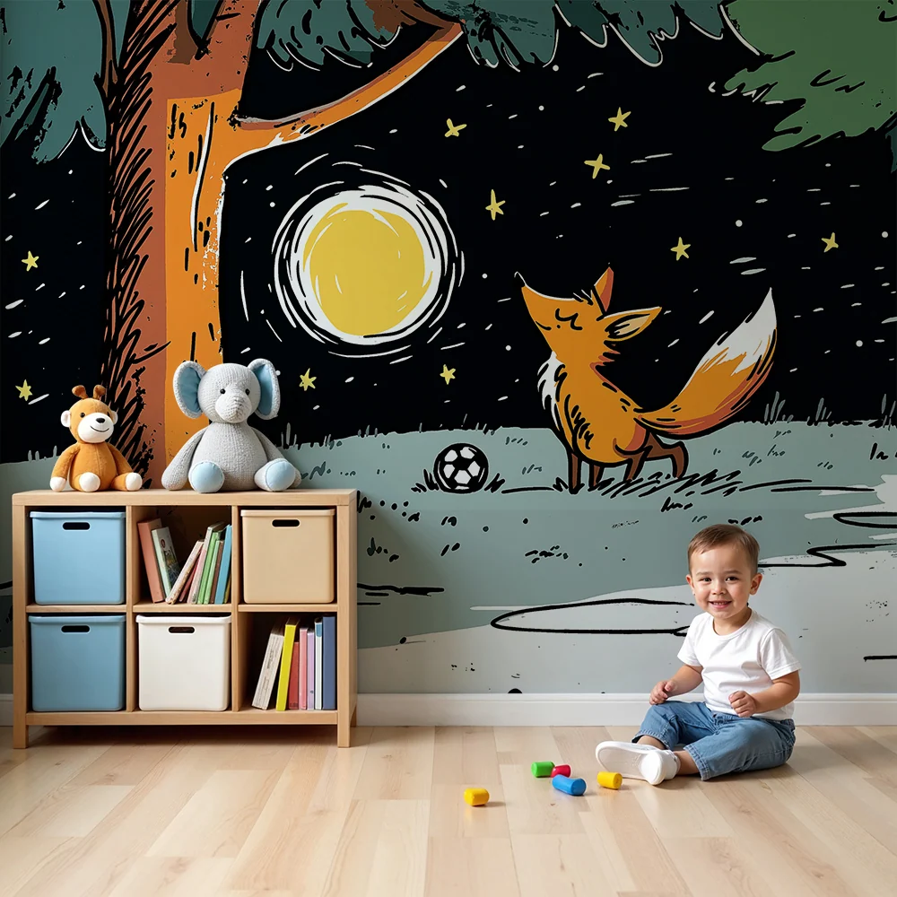 Papel de parede crianç | Raposa brincar sob lua e as estrelas