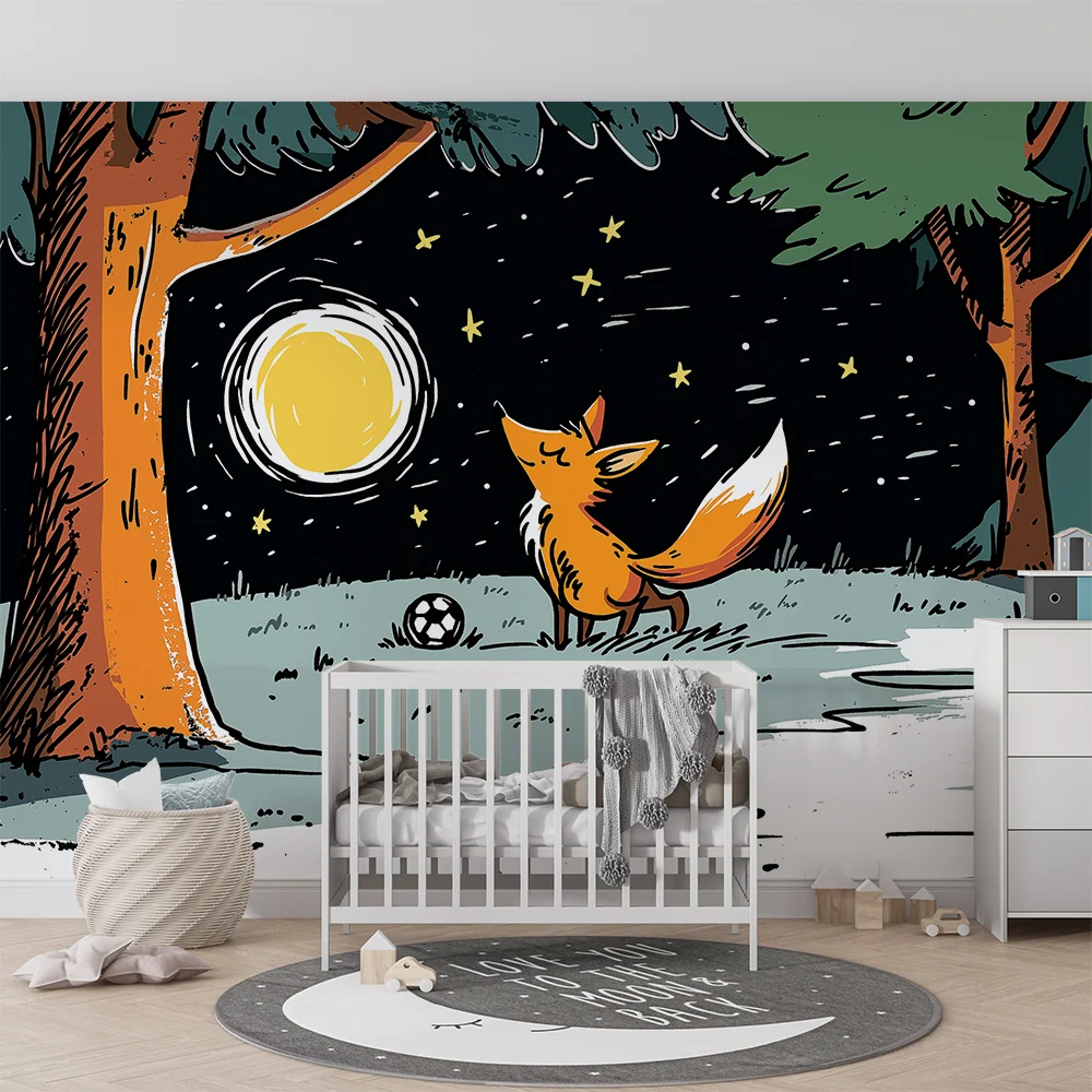 Papel de parede crianç | Raposa brincar sob lua e as estrelas