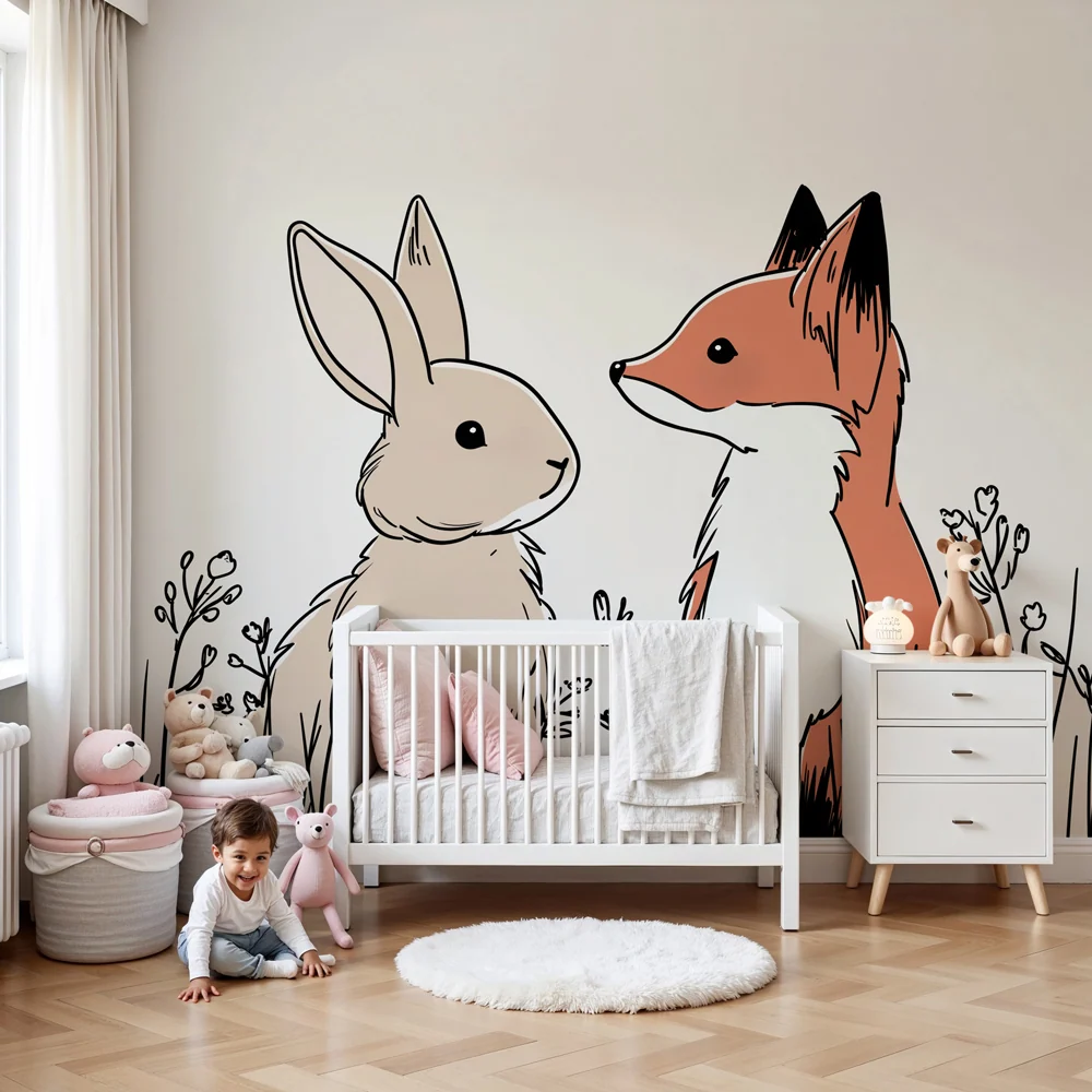 Papel de parede crianç | Raposa e coelho no meio das flores