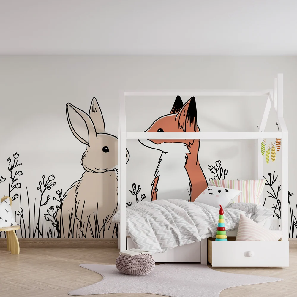 Papel de parede crianç | Raposa e coelho no meio das flores