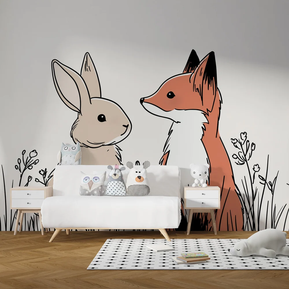 Papel de parede crianç | Raposa e coelho no meio das flores