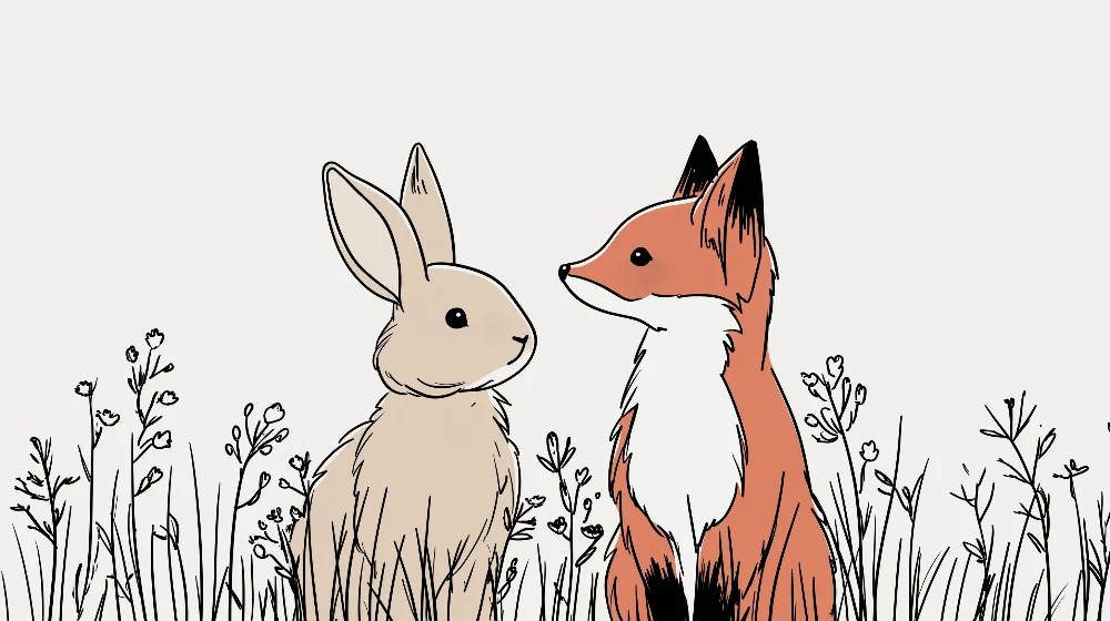 Papel de parede crianç | Raposa e coelho no meio das flores