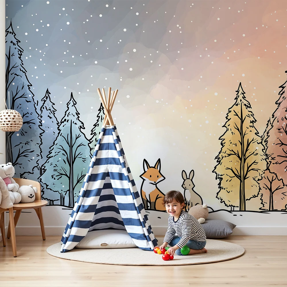 Papel de parede crianç | Raposa e coelho numa floresta nevada