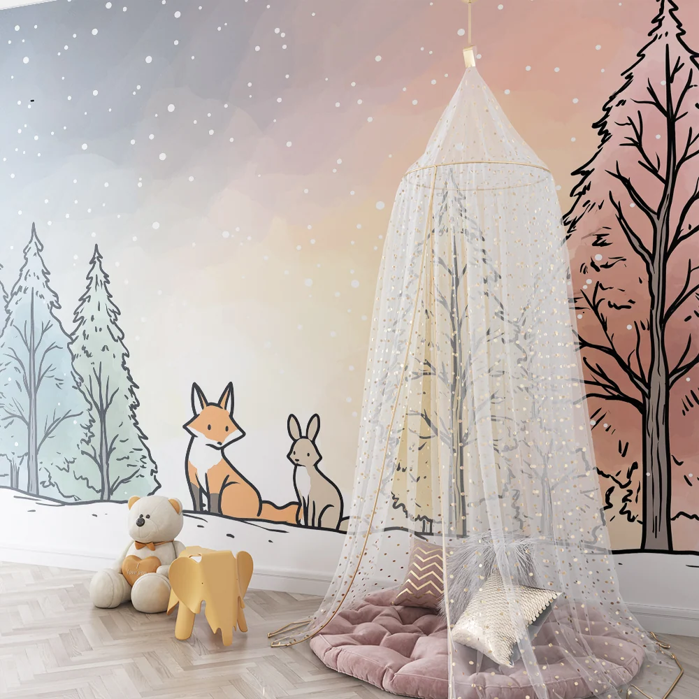 Papel de parede crianç | Raposa e coelho numa floresta nevada