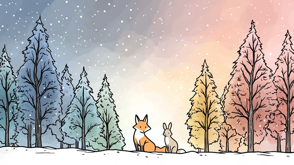 Papel de parede crianç | Raposa e coelho numa floresta nevada