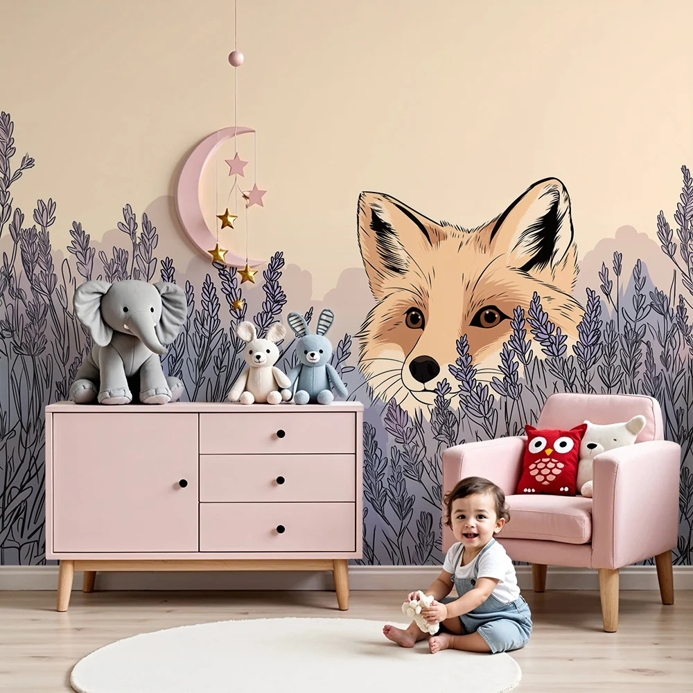 Papel de parede crianç | Raposa curiosa entre as lavandas