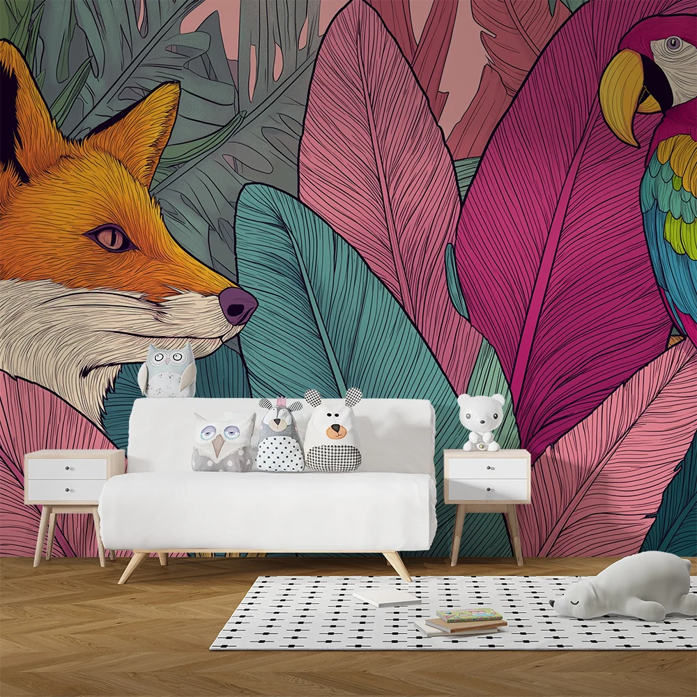Papel de parede crianç | Raposa curiosa e papagaio colorido no meio da selva