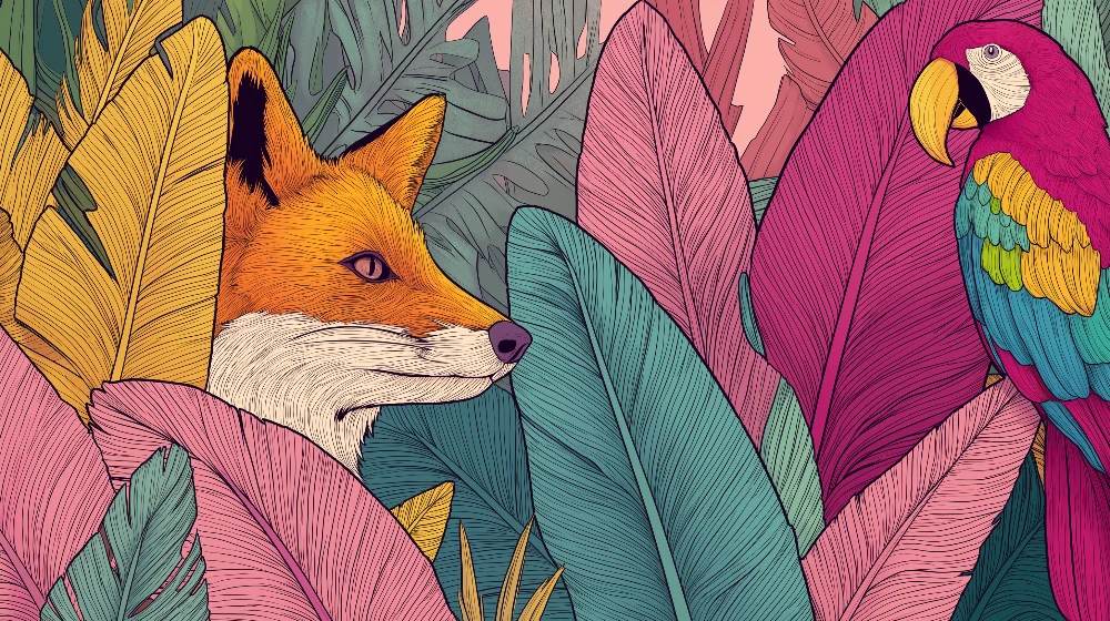 Papel de parede crianç | Raposa curiosa e papagaio colorido no meio da selva